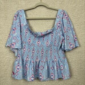 Simply Southern Top XL Blue Shirred Smocked‎ Off Shoulder Aztec Cropped Blouse